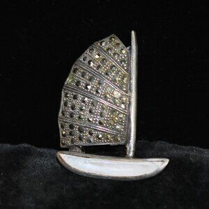 Vintage ND 925 Sterling Silver Marcasite Sailboat Brooch with Pearl Shell